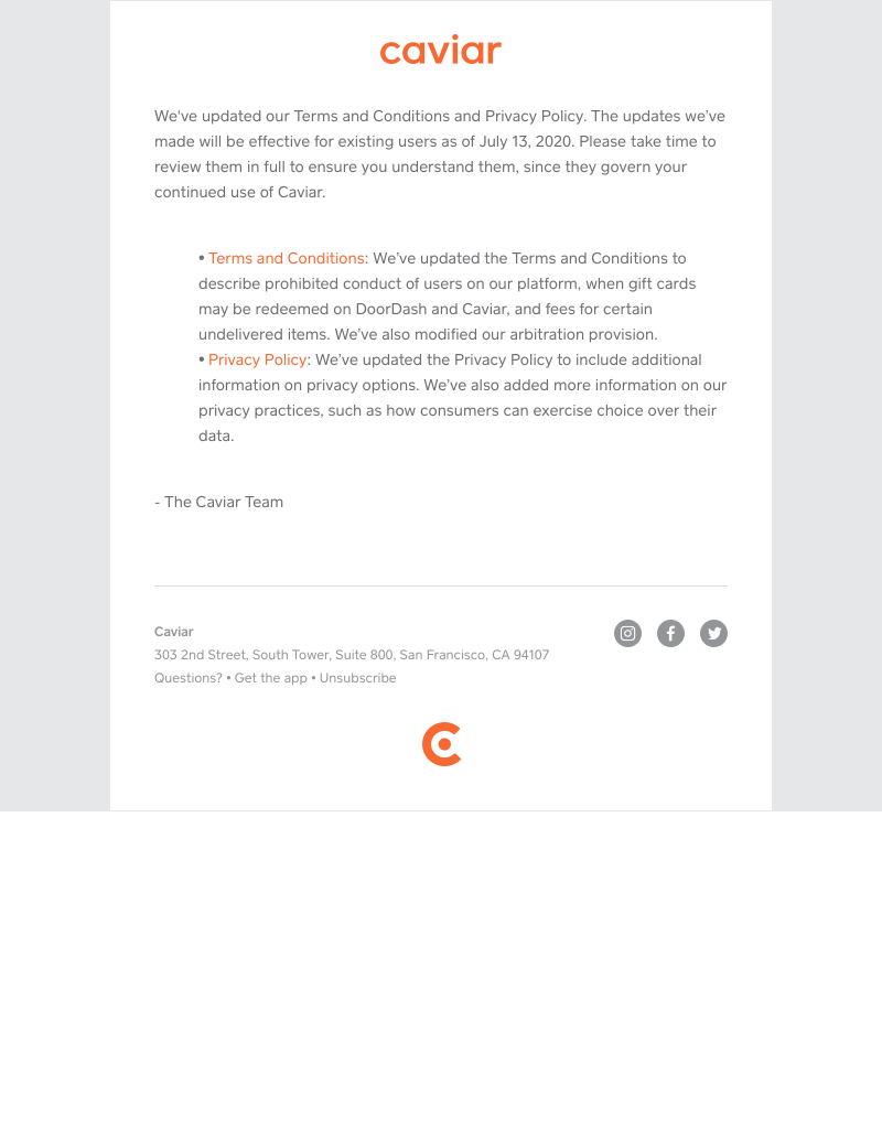  - Updates to Caviar's terms and conditions + privacy policy