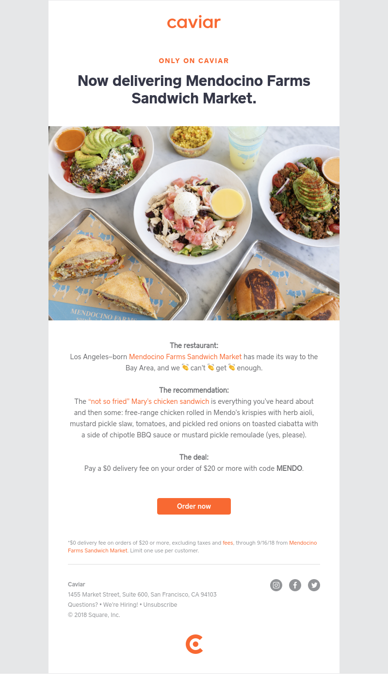  - Mendocino Farms Sandwich Market is only on Caviar (with $0 delivery fees)
