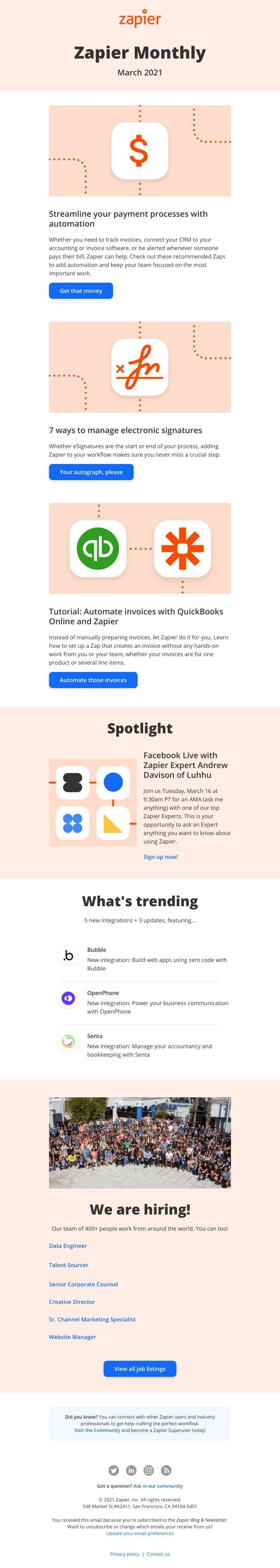 Zapier - New in March: Streamline your payment processes with automation, 3 updates, and 5 new apps
