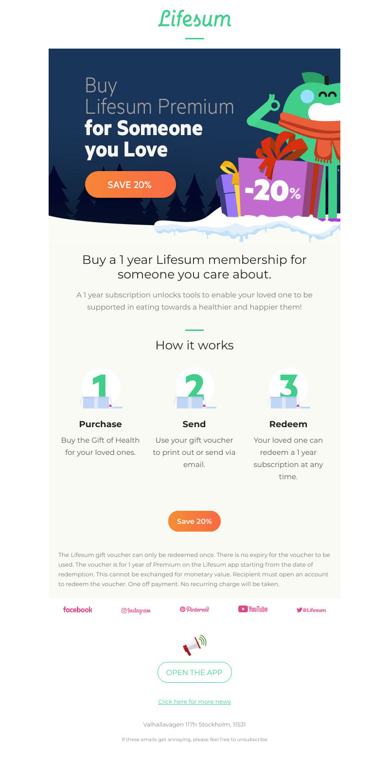 Lifesum - 20% off: Buy someone you love a Lifesum Giftcard