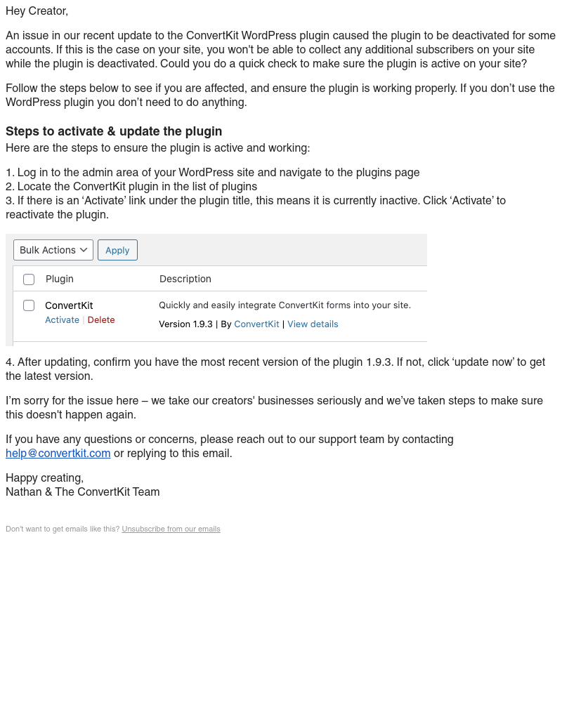 ConvertKit - Action required: Check that your ConvertKit WordPress plugin is active