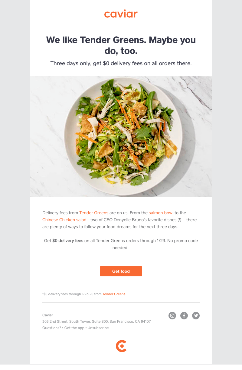  - Tender Greens + $0 delivery fee = double good