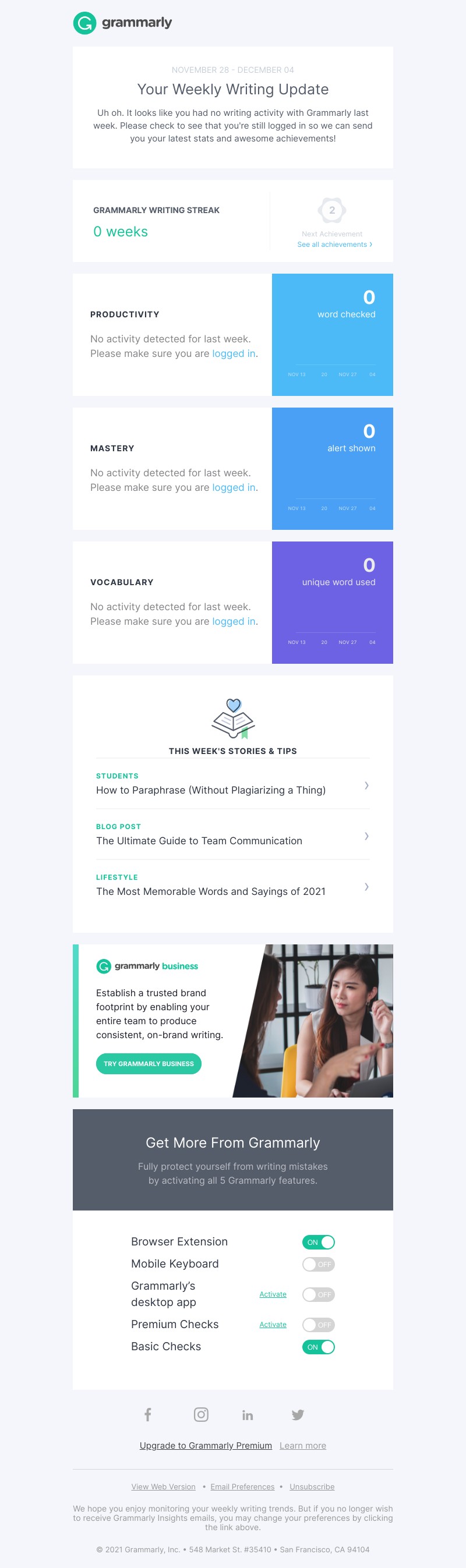 Grammarly - Did you take a break from writing last week?