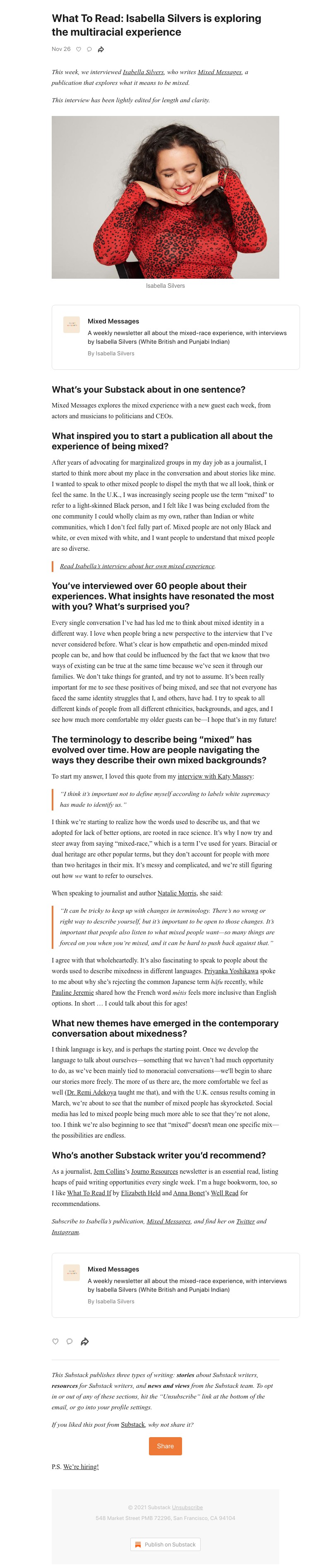Substack - What To Read: Isabella Silvers is exploring the multiracial experience