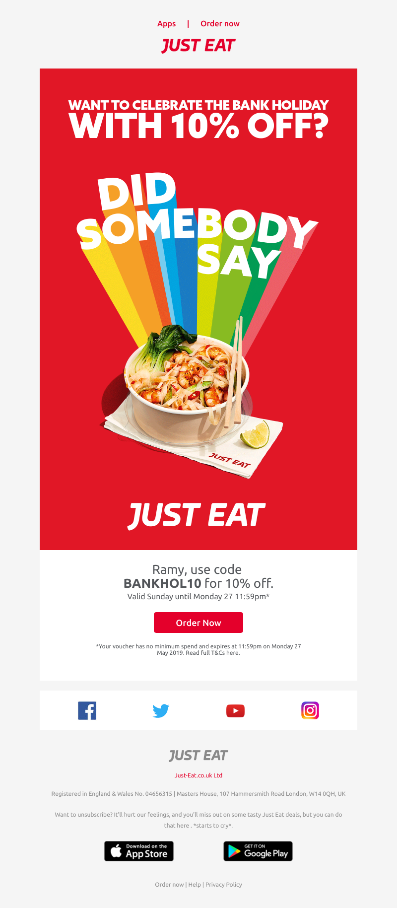 Just Eat - Enjoy 10% off this Sunday and Monday