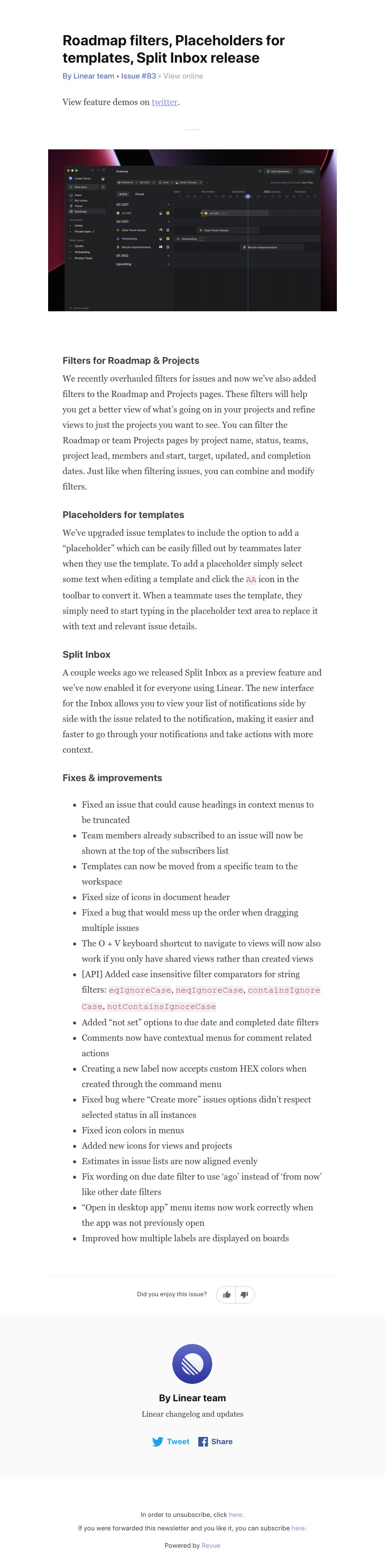 Linear - Roadmap filters, Placeholders for templates, Split Inbox release
