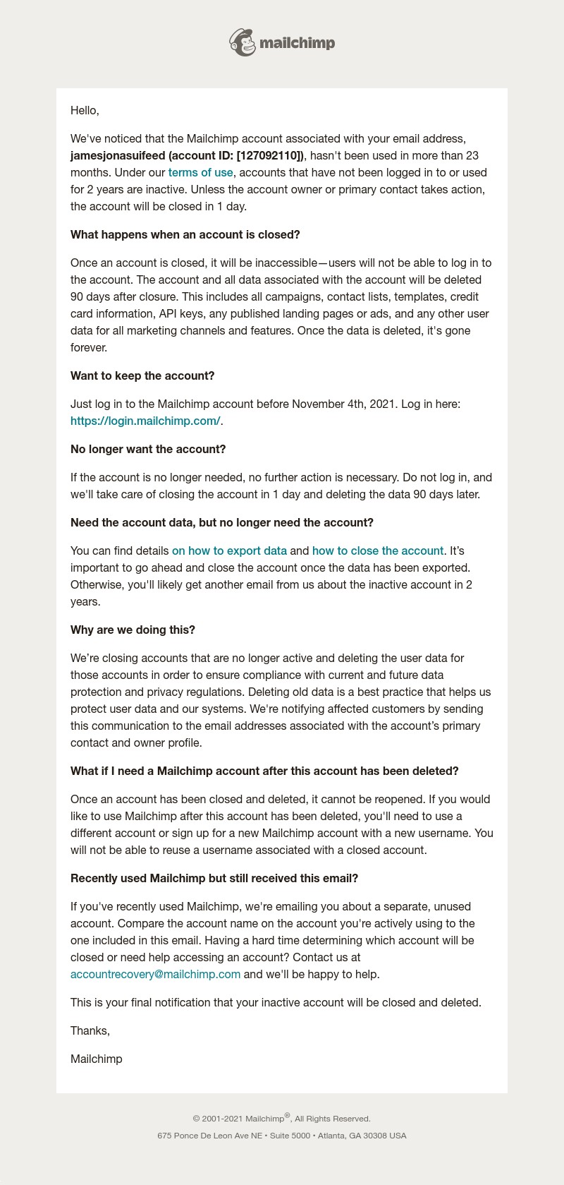 Mailchimp - Your inactive Mailchimp account is closing