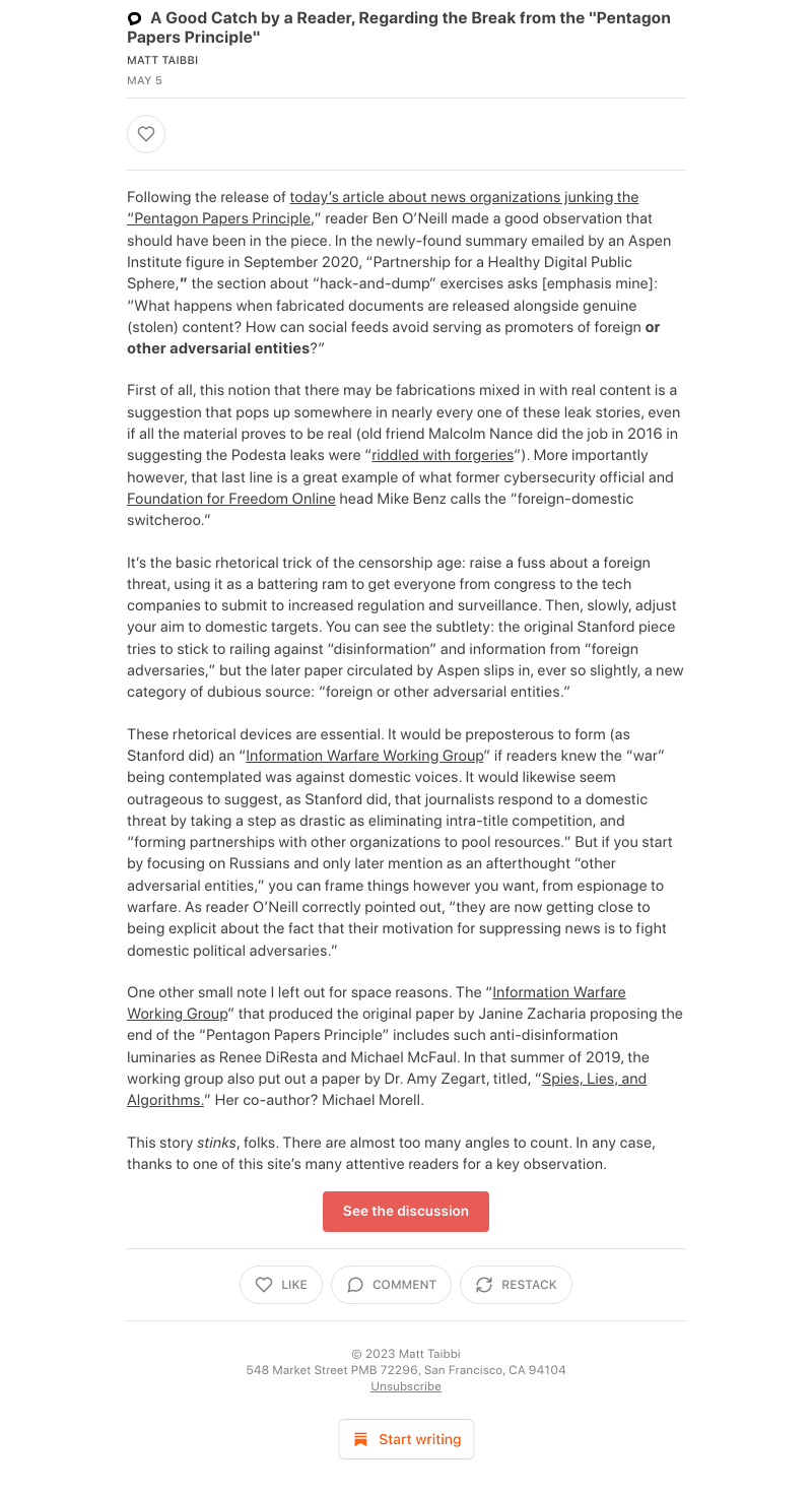 Substack - A Good Catch by a Reader, Regarding the Break from the "Pentagon Papers Principle"