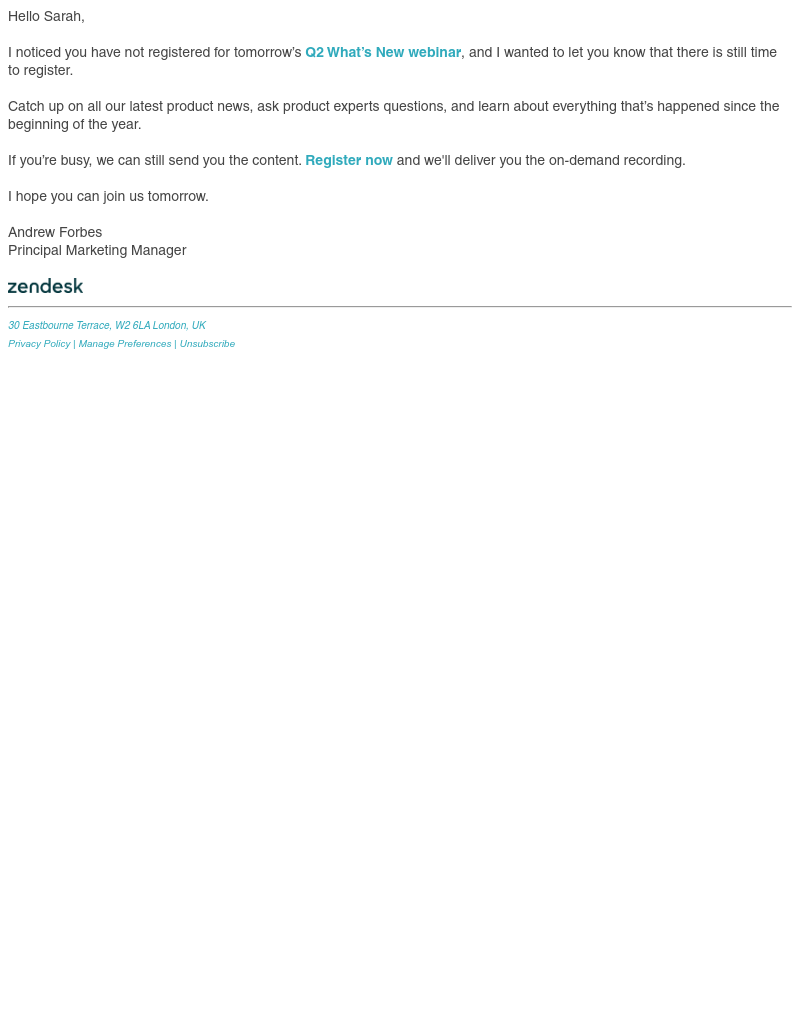 Zendesk - There’s still time to register for tomorrow’s What’s New webinar