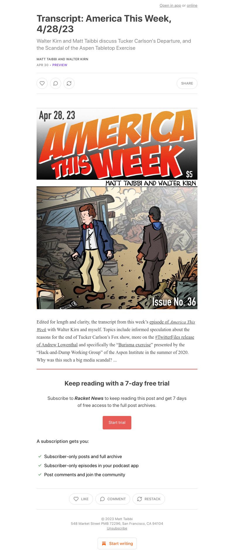Substack - Transcript: America This Week, 4/28/23