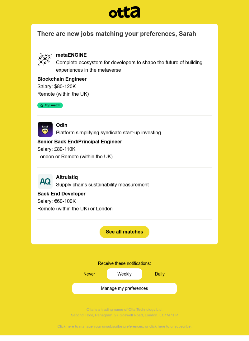 Otta - New match: Blockchain Engineer at metaENGINE