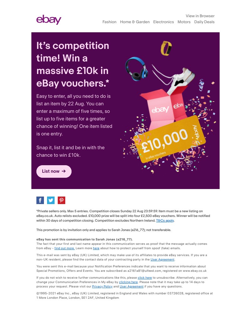 eBay - Sarah, £10k in eBay vouchers could be yours! 😍 🎉