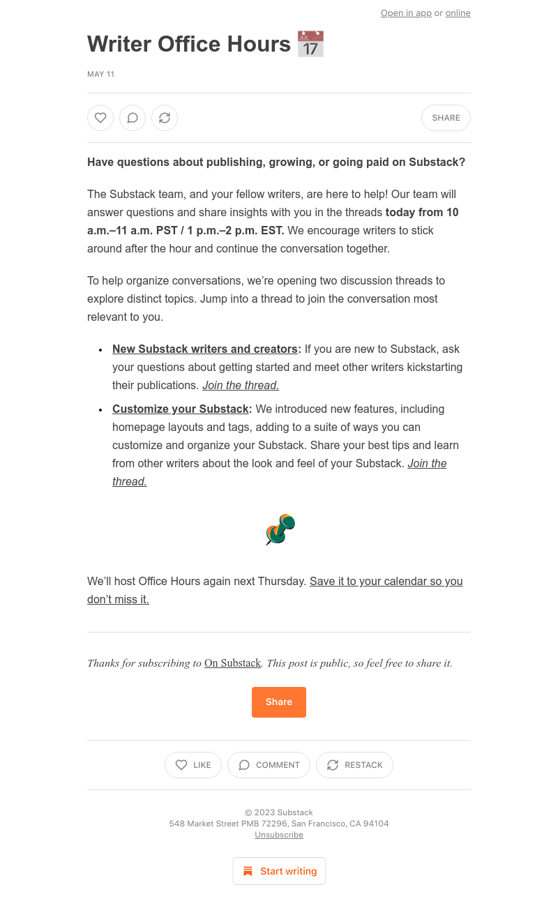 Substack - Writer Office Hours 📅