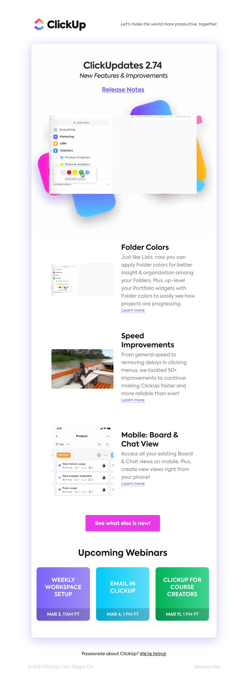 ClickUp - [NEW] Folder Colors, Speed Improvements, Mobile: Board & Chat View ➕ more!