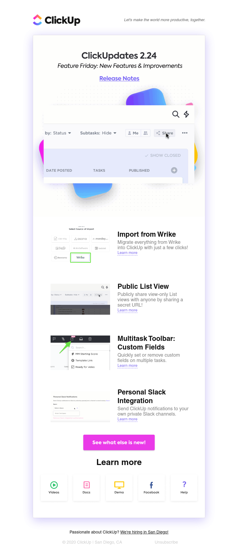 ClickUp - ClickUpdates 2.24: Import from Wrike, Public List View, Multitask Toolbar for Custom Fields, and more!
