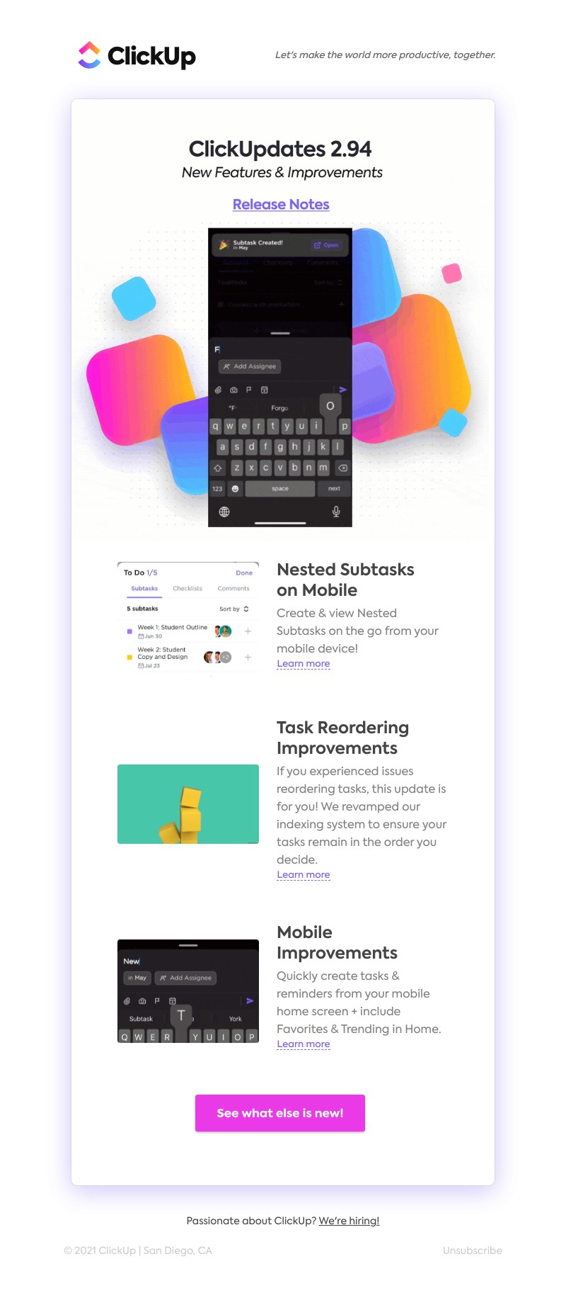 ClickUp - Nested Subtasks on Mobile, Task Reordering Improvements, ➕ more!