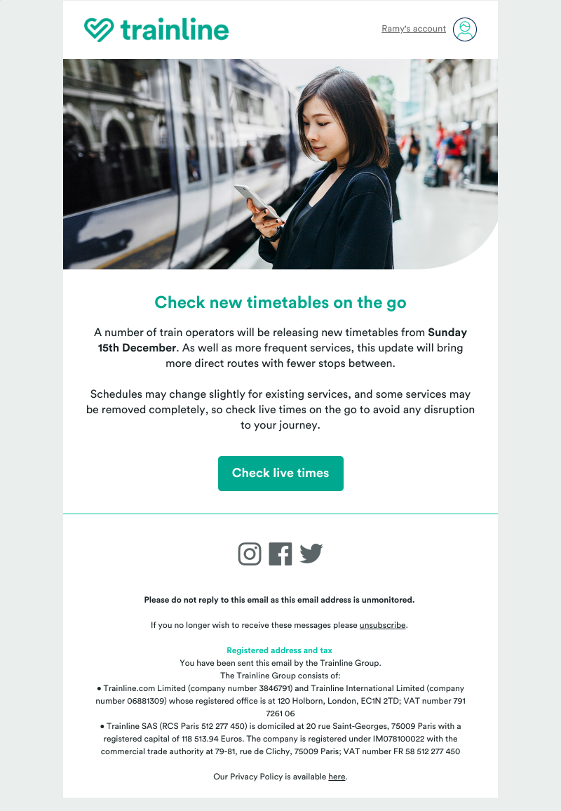 Trainline - New timetables from 15th December