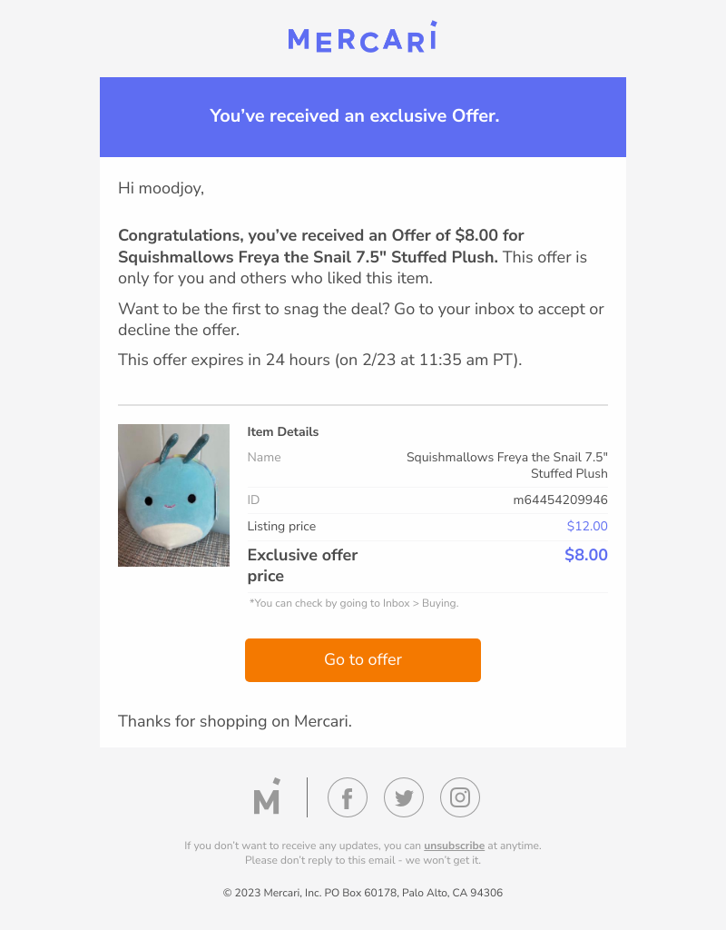 Mercari - Exclusive offer, accept Squishmallows Freya the Snail 7.5" Stuffed Plush for $8.00
