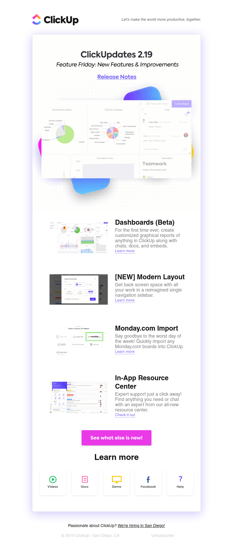 ClickUp - ClickUpdates 2.19 🎉 [NEW] Dashboards, Modern Layout, Monday.com Import, and more!