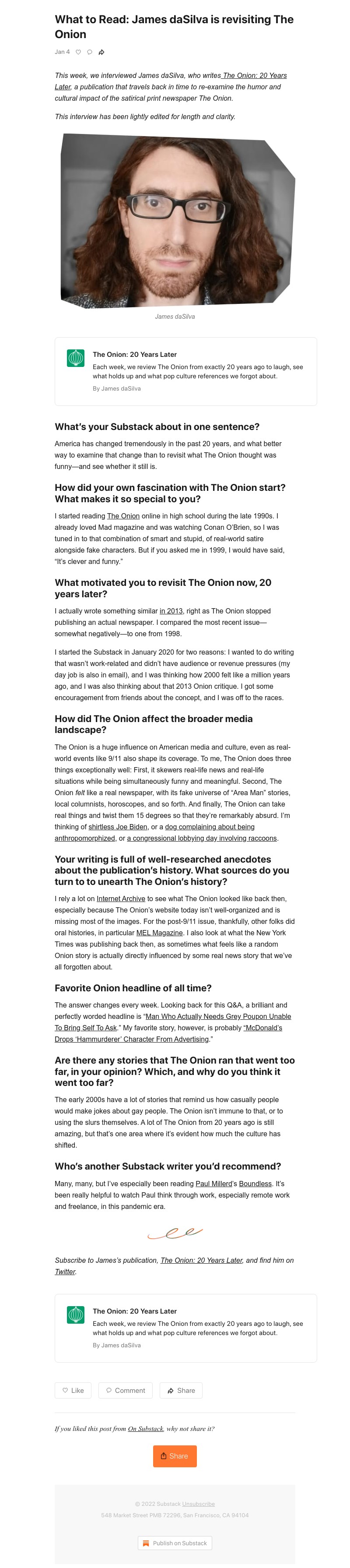 Substack - What to Read: James daSilva is revisiting The Onion