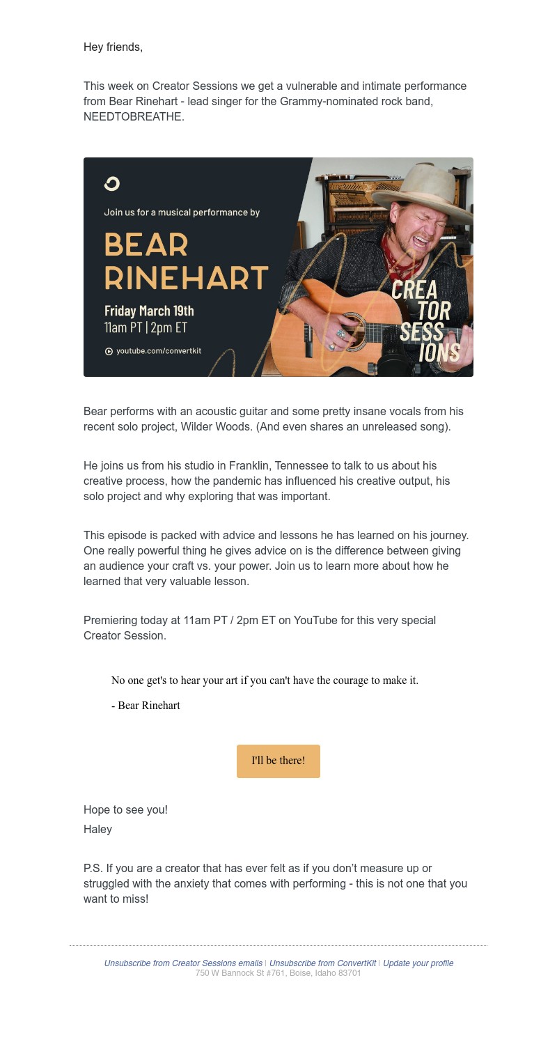 ConvertKit - 🎤 🎤: Grammy Nominated Lead Singer for NEEDTOBREATHE, Bear Rinehart, on Creator Sessions