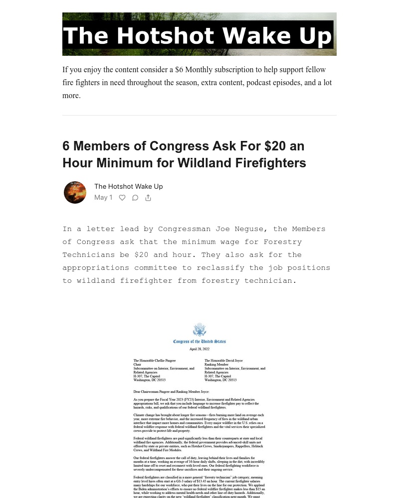 Substack - 6 Members of Congress Ask For $20 an Hour Minimum for Wildland Firefighters