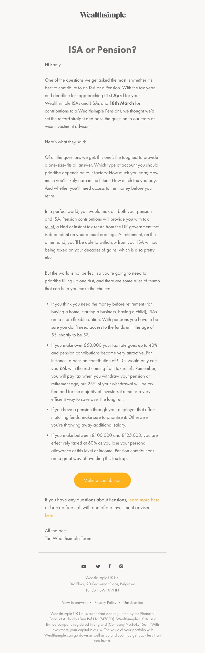 Wealthsimple - Should I contribute to an ISA or a Pension?