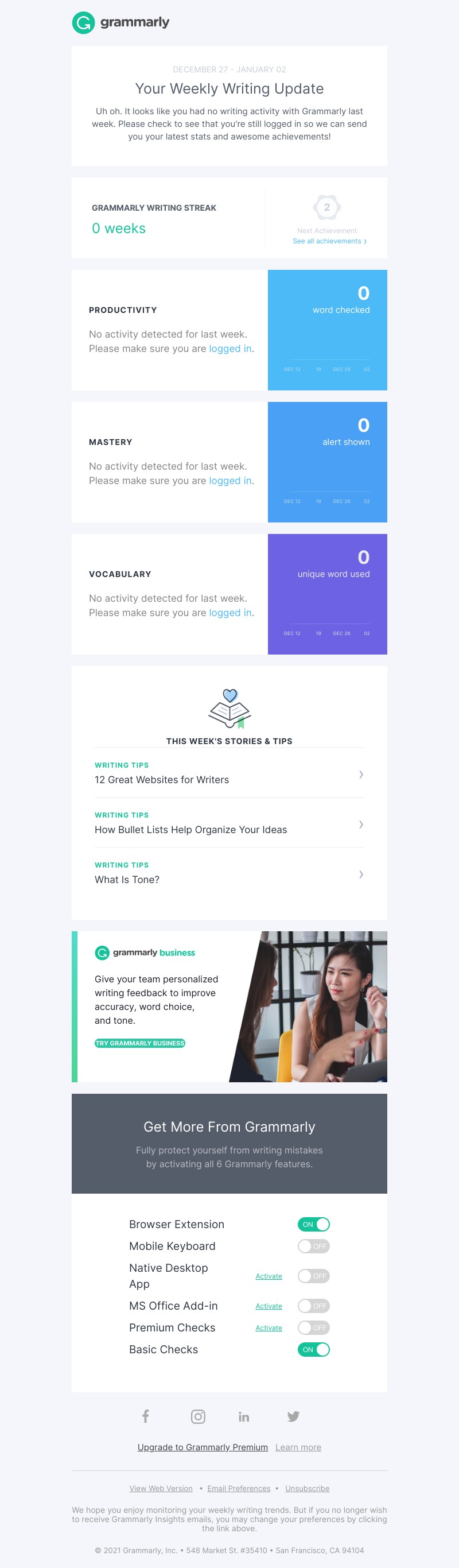 Grammarly - Did you take a break from writing last week?