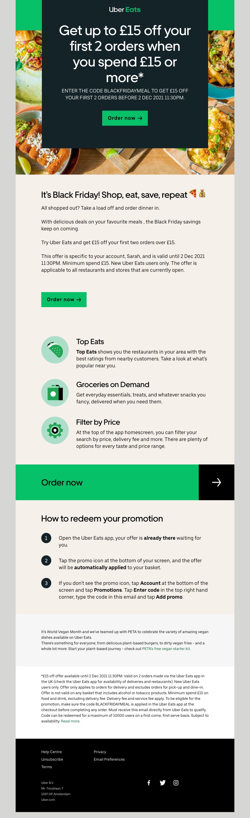 Uber Eats - Get  £15 off  your first 2 orders