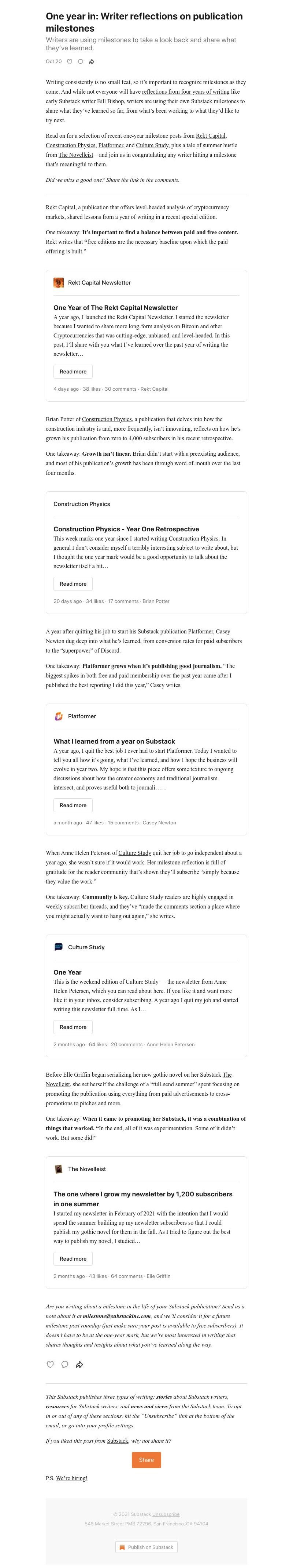 Substack - One year in: Writer reflections on publication milestones