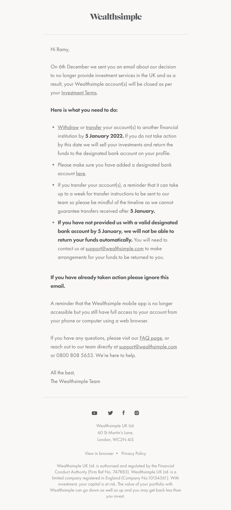 Wealthsimple - Reminder: Action required on your Wealthsimple account(s)