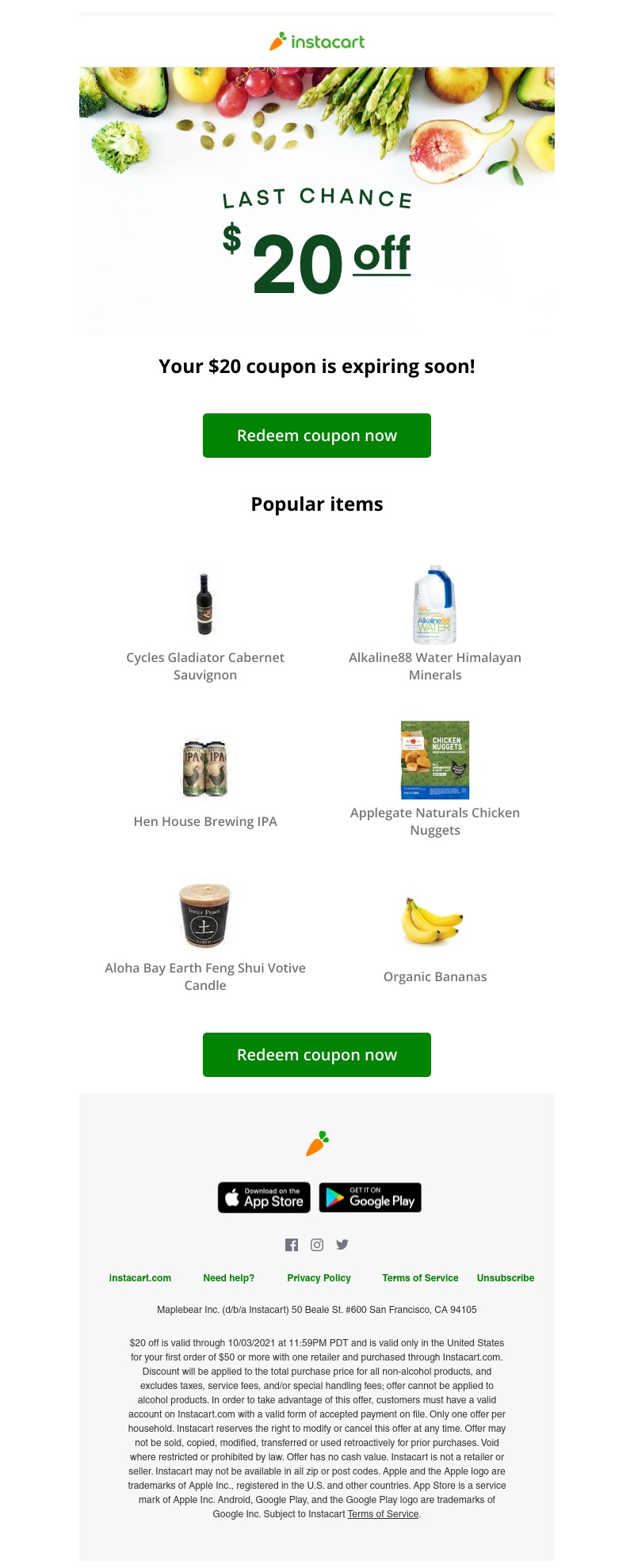 Instacart - 💵 Expiring soon! Claim your $20 coupon!
