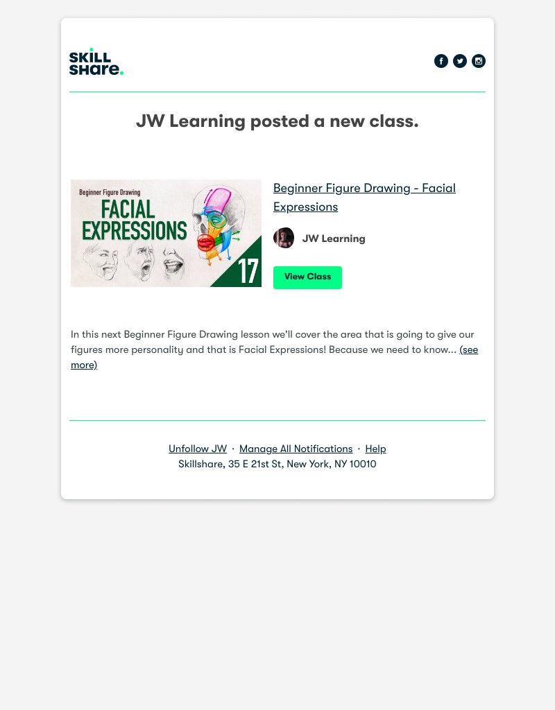 Skillshare - JW Learning posted a new class: "Beginner Figure Drawing - Facial Expressions"