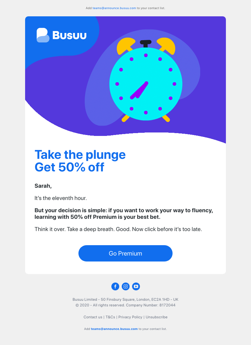 Busuu - 🕰️ Tick-tock 🕰️ 50% off Premium ends tonight – the time for action is now     