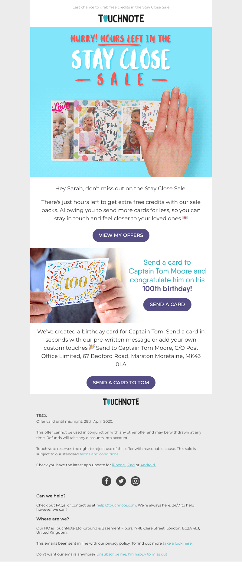 TouchNote - Hurry! There's just hours left to grab free credits, Sarah ⏰