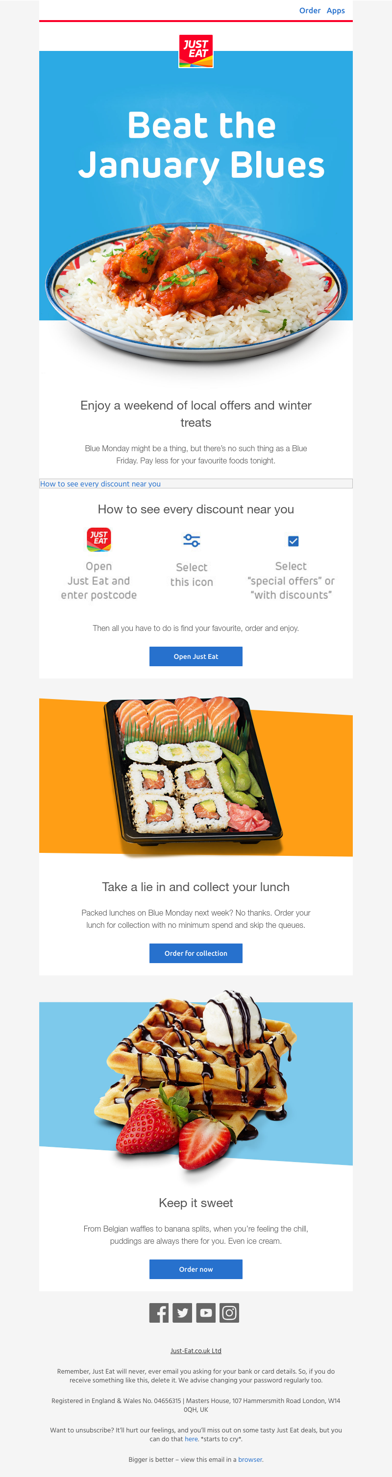 Just Eat - Kick the blues early with money off at local restaurants