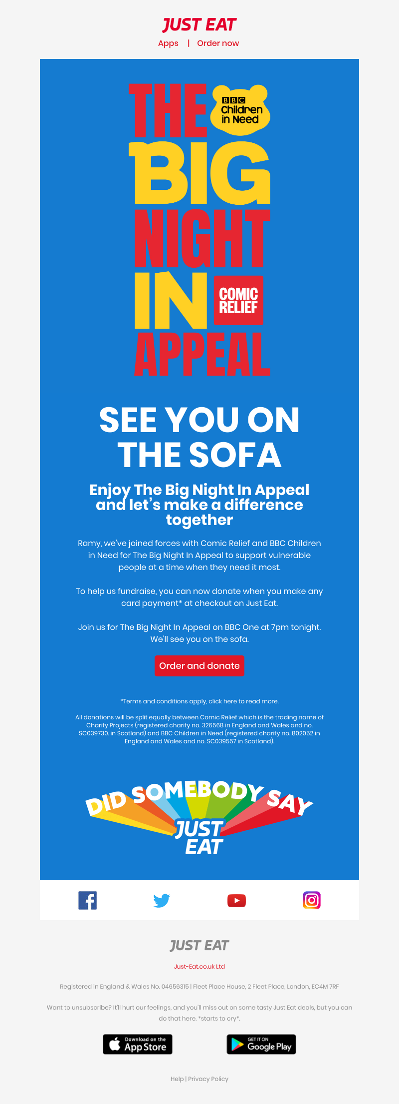 Just Eat - Ramy,  we're proudly supporting The Big Night In Appeal