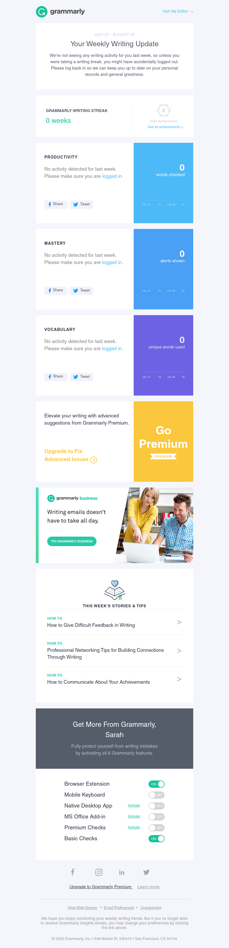 Grammarly - We want to send you stellar stats and awesome achievements!