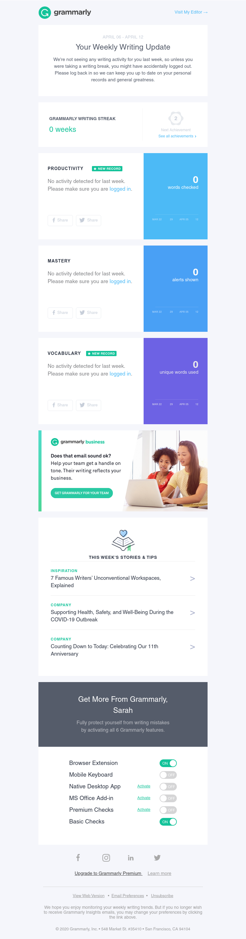 Grammarly - We want to send you stellar stats and awesome achievements!