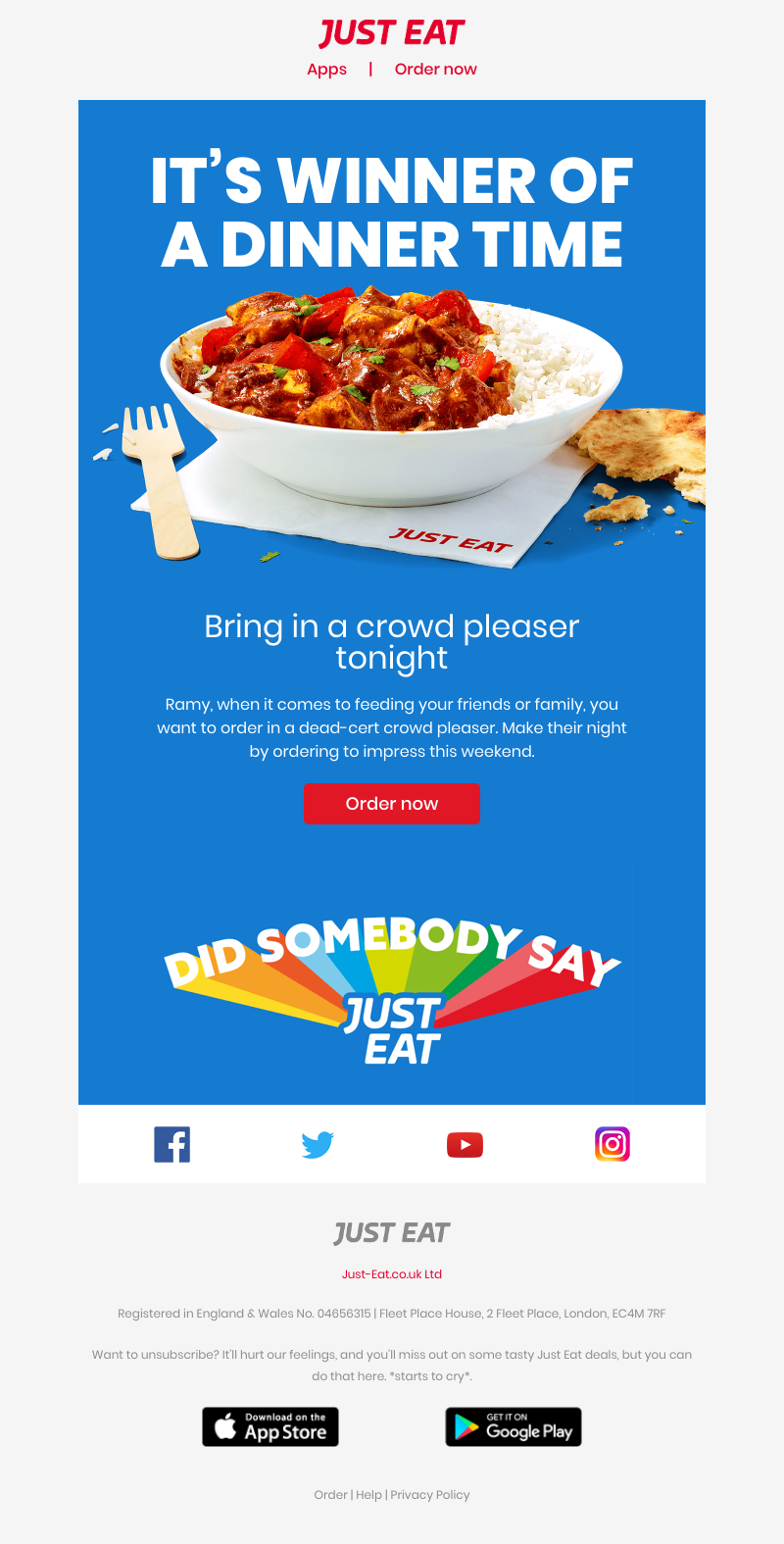 Just Eat - Ramy, order in a crowd pleaser tonight