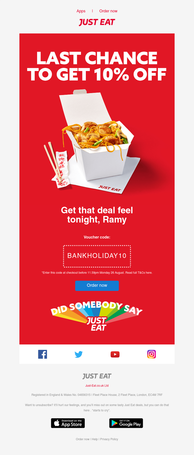 Just Eat -  Don’t miss your 10% off voucher, Ramy  