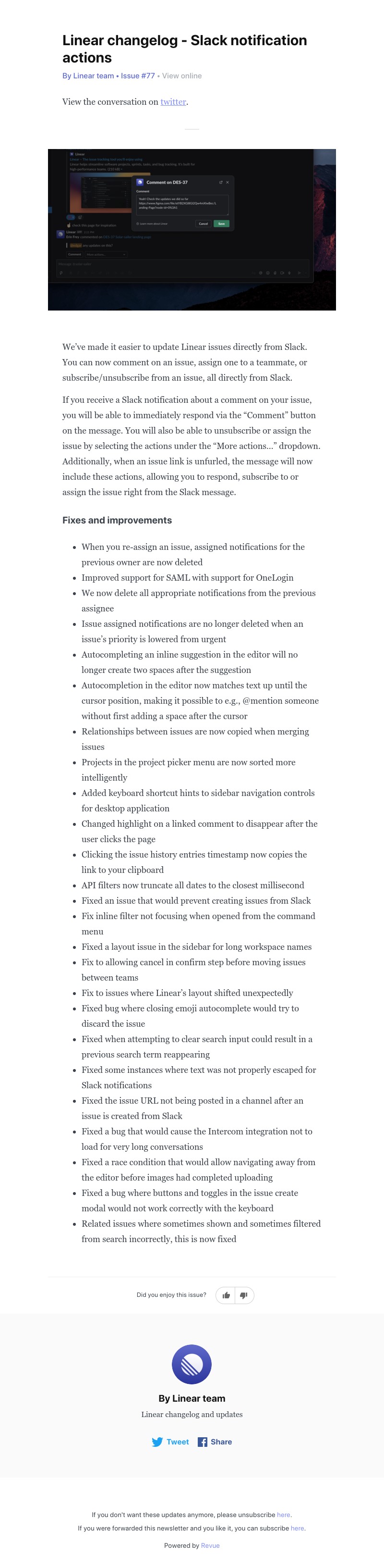 Linear - Linear changelog - Slack notification actions