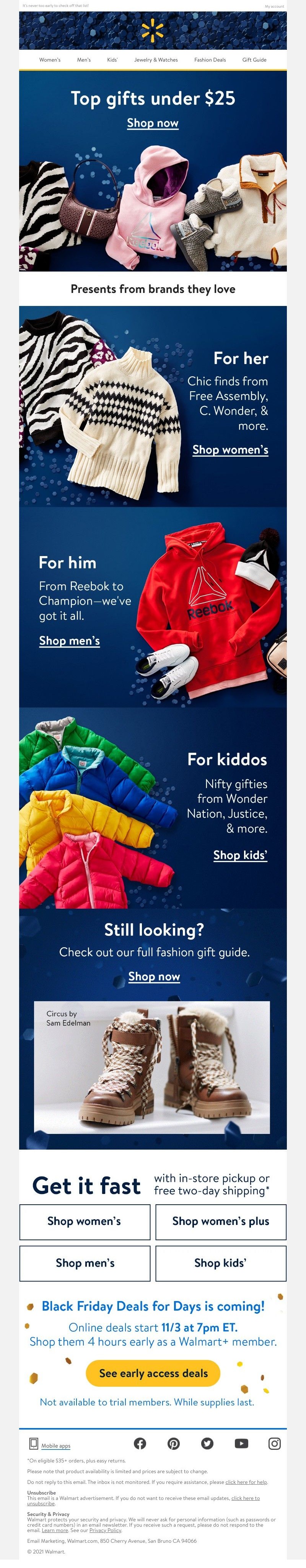 Walmart - Gifts under $25 from Champion, Reebok, & more