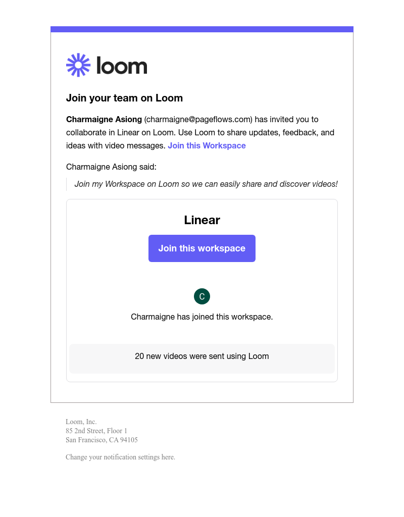 Linear - 👋 Charmaigne Asiong has invited you to join your team on Loom