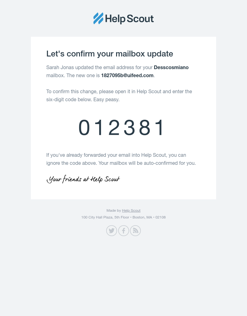  - Your confirmation code is 012381