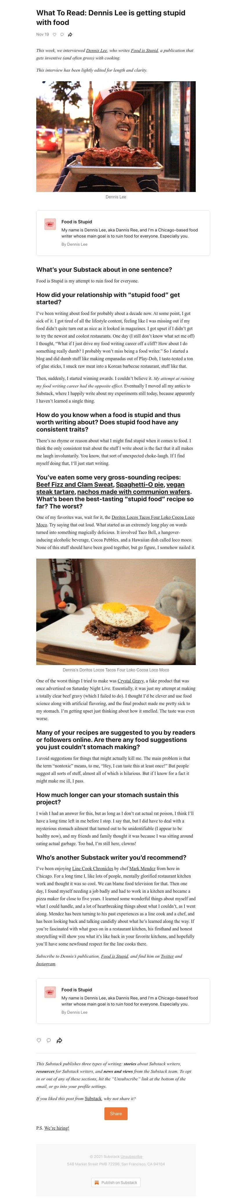 Substack - What To Read: Dennis Lee is getting stupid with food
