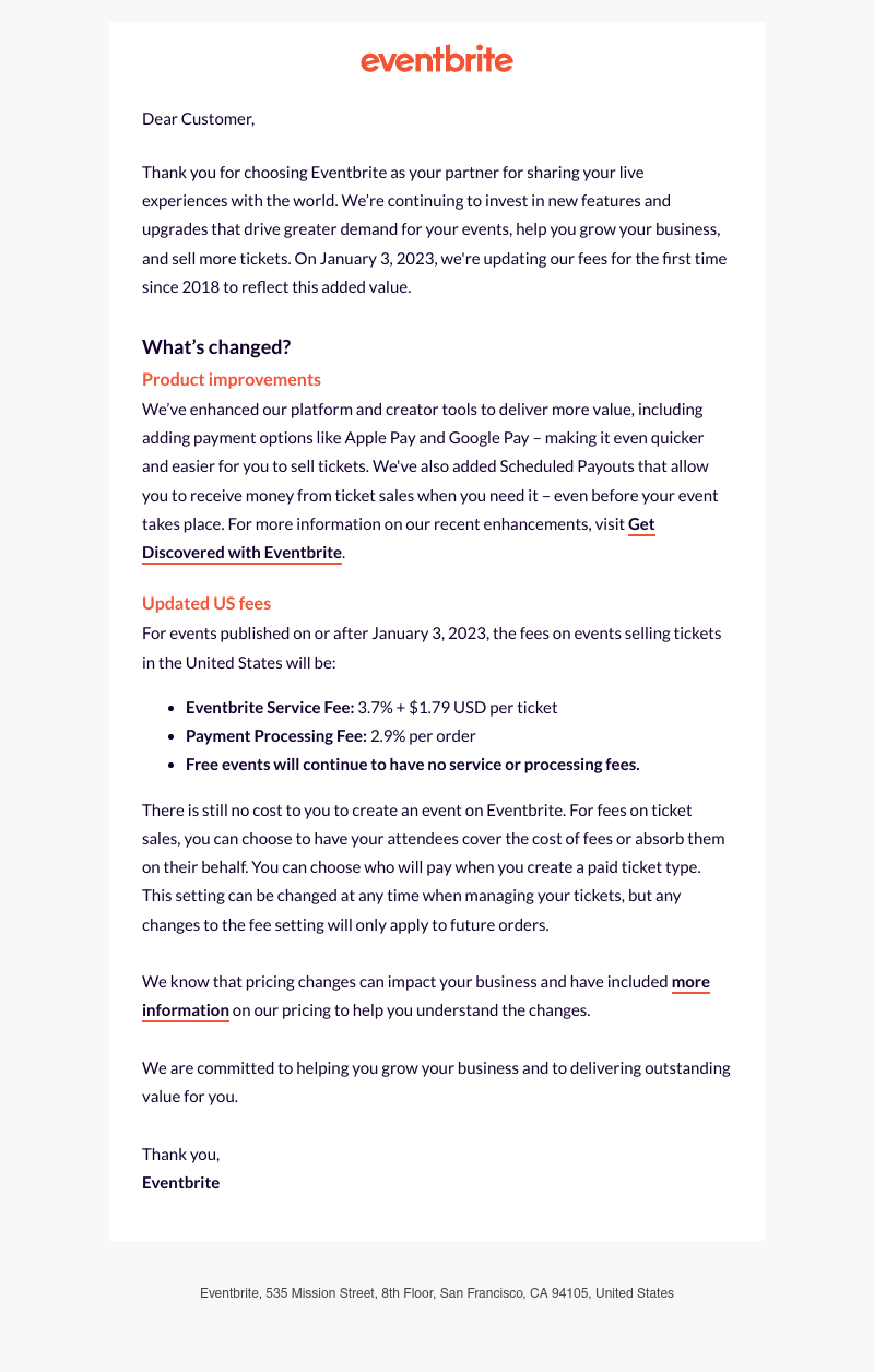 Eventbrite - Product enhancements and US fee changes