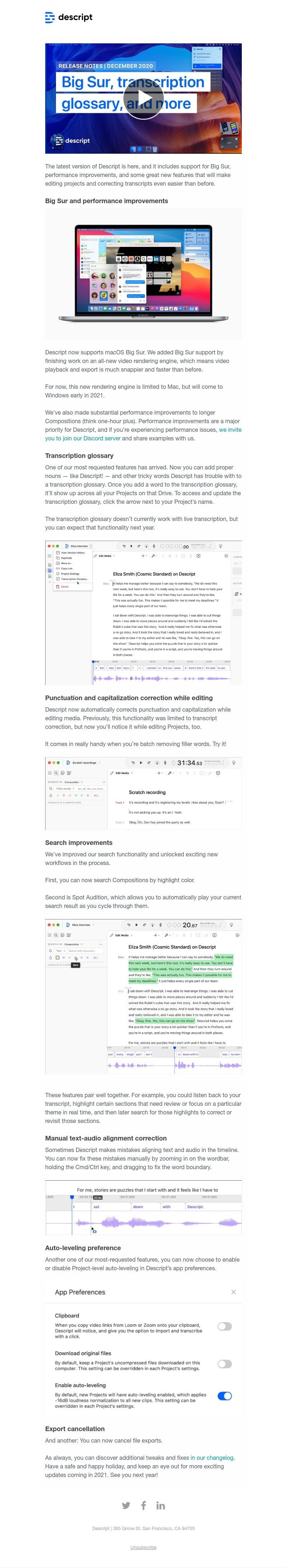 Descript - New in Descript: Big Sur, better performance, transcription glossary, and more