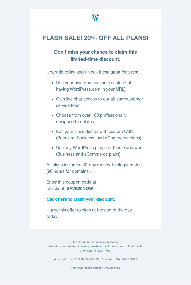 WordPress - 20% off – Today only! Get a WordPress.com plan and save!
