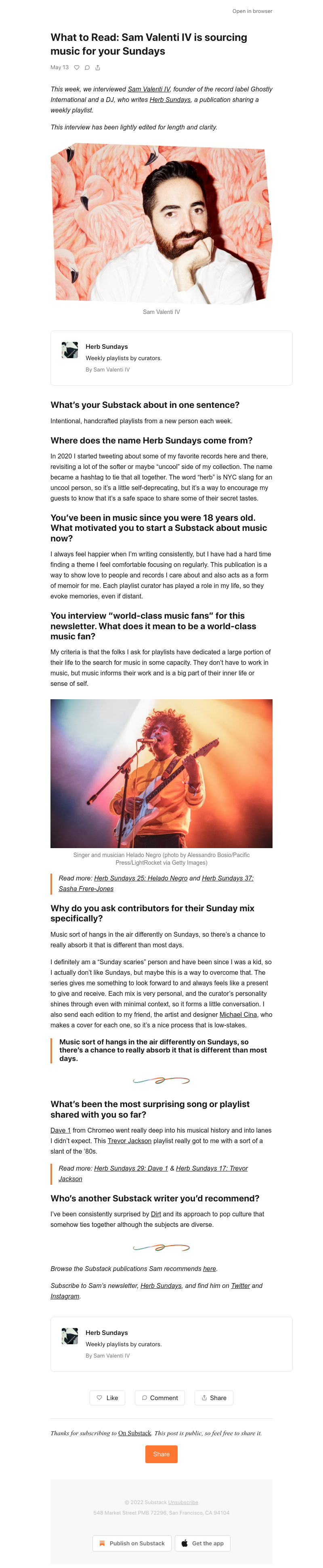 Substack - What to Read: Sam Valenti IV is sourcing music for your Sundays